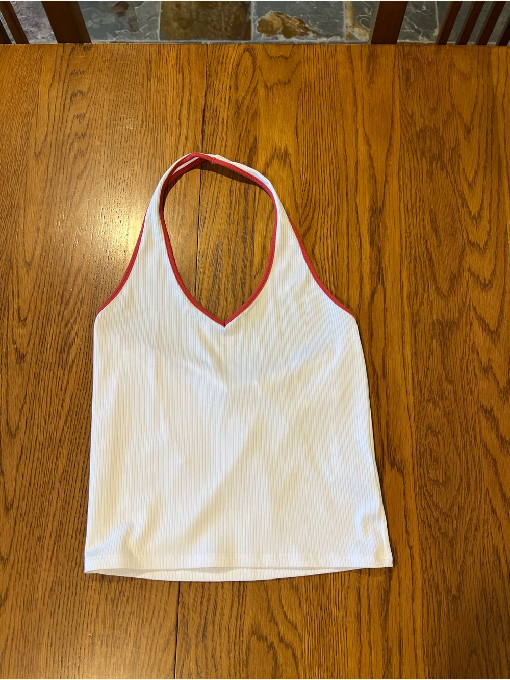 American Eagle Outfitters White Ribbed Halter Tank with Red Trim